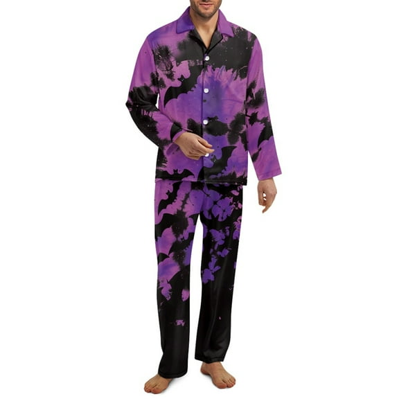 Yuyamidu Purple Bat Button Pajamas for Men Sleepwear Homewear Size 3XL, Halloween Long Sleeve Loungewear Set of 2 Soft V-Neck Nightclothes Top & Pants with Pockets