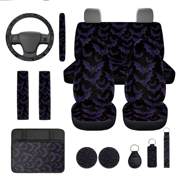 Yuyamidu Purple Bat Car Seat Cover Full Set of 13 Universal Steering Wheel Cover Seat Belt Strap Pads Cup Coasters Armrest Cover Pad Keychain Auto Interior Accessories