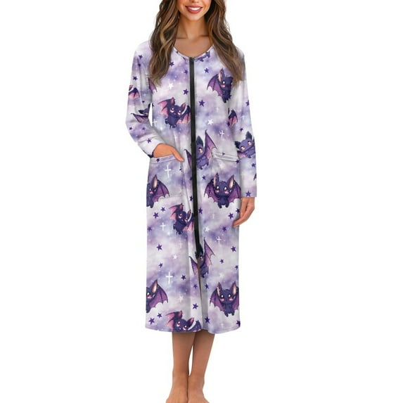 Yuyamidu Purple Bat Zipper Front Robes for Women Long Dressing Gown Cute Mid-Length Robe Size S Soft Crewneck Bathrobe with Pockets Halloween Long Sleeve Housecoats