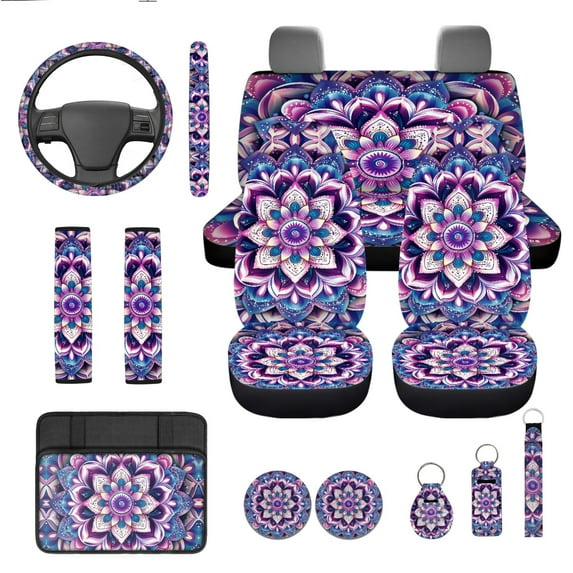 Yuyamidu Purple Boho Flower Blossom Car Seat Cover Set with Steering Wheel Cover Seat Belt Covers Center Console Pad Cup Holder Lip Gloss Bag Key Chain 13 PCS Auto Interior Sets