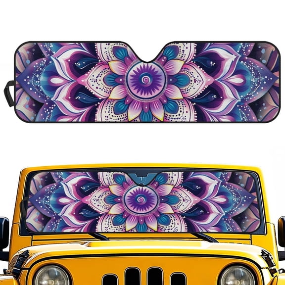 Yuyamidu Purple Boho Flowers Windshield Sunshade for Jeep Wrangler, Foldable Sun Visor Windshield Shade Blocks UV Rays, Shade Heat Shield Compatible with Jeep Wrangler TJ JK JL 2/4 Door