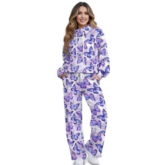 Yuyamidu Purple Butterfly 2 Piece Outfits Women's Tracksuits Matching Sweatsuit Loungewear Lounge Sets Spring Fall Winter Drawstring Pullover Sweatshirt Wide Leg Sweatpants Tops Bottoms Clothing Set