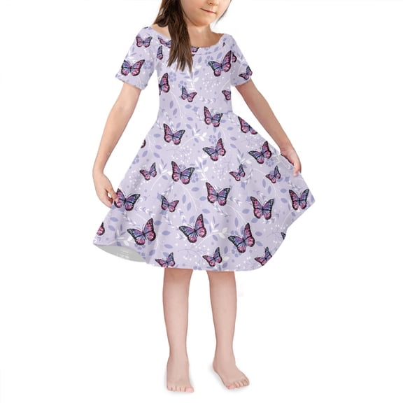 Yuyamidu Purple Butterfly A Line Dresses for Teen Girls Outdoor Vacation Play Skater Twirl Dresses Kids Short Sleeve Sundress Trendy One-Shoulder Princess Dress Size 3-4