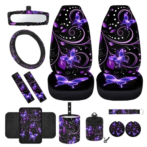 Yuyamidu Purple Butterfly Car Front Seat Covers Set with Armrest Pad Steering Wheel Cover Seat Belt Covers Trash Can Rear View Mirror Cover Coaster Keychain Car Vent Organizer, 12 Pack