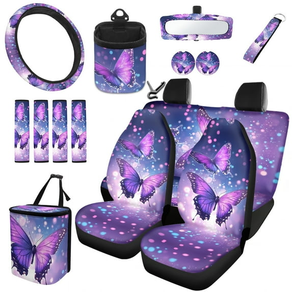 Yuyamidu Purple Butterfly Car Seat Cover for Women Steering Wheel Cover Auto Seat Belt Strap Pad Trash Can Car Air Vent Organizer Pocket Rearview Mirror Cover Cup Holder Key Chain 15 Pack