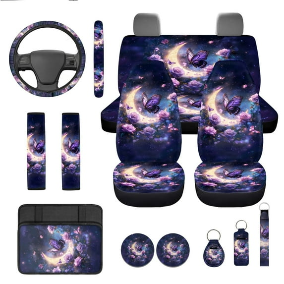 Yuyamidu Purple Butterfly Car Seat Covers Full Set 13 PCS Rose Moon Auto Steering Wheel Cover Seat Belt Covers Arm Rest Cushion Coasters Wrist Key Ring Automobile Interior Sets