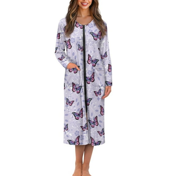 Yuyamidu Purple Butterfly Long Robes for Women Mid-Length with Zipper Fashion Crew Neck Bathrobe Soft Sleep Nightgown Lightweight Long Sleeve Sleepwear Gowns Size S