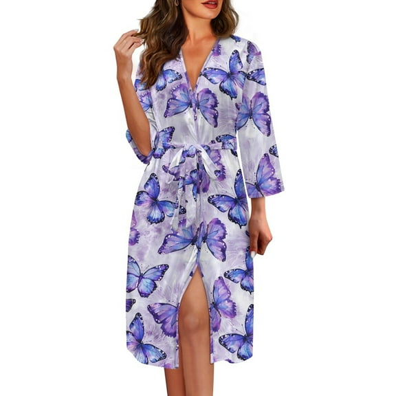 Yuyamidu Purple Butterfly Women's Bathrobe Size 2XL Novelty Kimono Robe Soft Bath Spa Robes Casual Long Sleeves Bath Gown for Women Mid-Length Dressing Gown