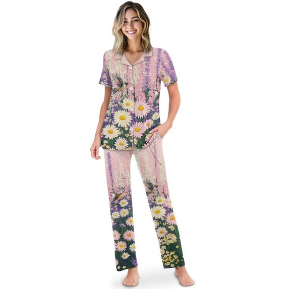 Yuyamidu Purple Flower Hummingbird Womens Pajamas Set Long Pants Short Sleeve Top Sleep Set 2 Piece Loungewear Sleepwear Casual Homewear