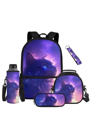 Purple Galaxy Cat Backpack Set for Girls with Lunch Box, Pen Case, Water Bottle Sleeve & Keychain, 17 Inch Lightweight Elementary School Kids Bookbag for 2nd-4th Grade, Back to School Gifts