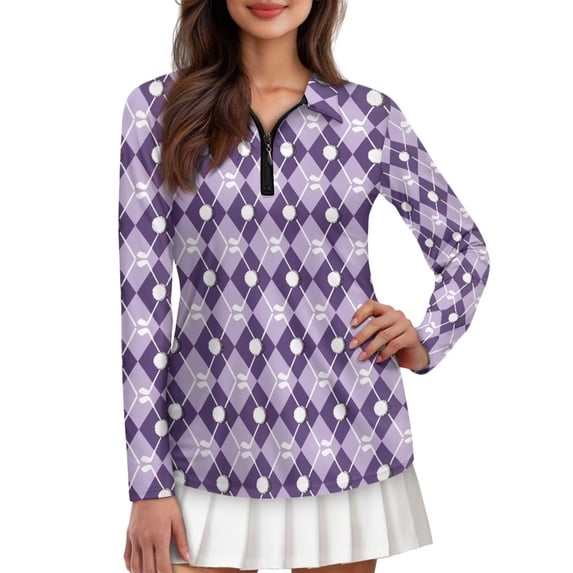 Yuyamidu Purple Golf Ball Long Sleeve Golf Shirts for Women Tennis Tops Casual Quarter Zip Athletic Shirt Slim Fit Activewear Size L