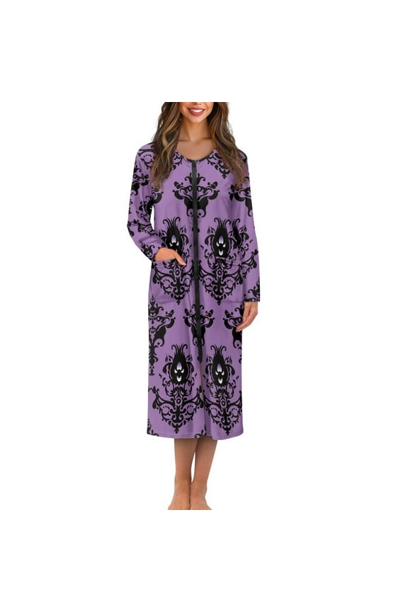 Purple Gothic Women Bath Robes Female Zipper Front Long Sleeves Bathrobe Halloween Housecoat Nightgown Size XL Soft Mid-Length Pjs Sleepdress Ladies Lounge Dresses