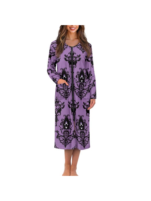 Purple Gothic Women Bath Robes Female Zipper Front Long Sleeves Bathrobe Halloween Housecoat Nightgown Size XL Soft Mid-Length Pjs Sleepdress Ladies Lounge Dresses
