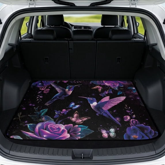 Yuyamidu Purple Hummingbird Floral Car Trunk Mat, 29-39 Inches Universal Fit Non-Slip Rear Cargo Liner for SUV Sedan Truck, Machine Washable All Weather Vehicle Interior Decor
