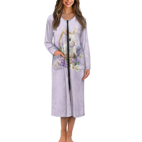 Yuyamidu Purple Robe Rabbit Long Gowns for Women Sleepwear Ladies Kimono Dress Lightweight Long Sleeve Bathrobe for Girls Teens Easter Nightgown Sleepwear Size 4XL