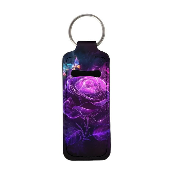 Yuyamidu Purple Rose Chapstick Holder Keychain Butterfly Lipstick Keychains Easy to Clean Chapstick Sleeve Holder Keychain for Women Elastic Lip Balm Holster Keychain Holder