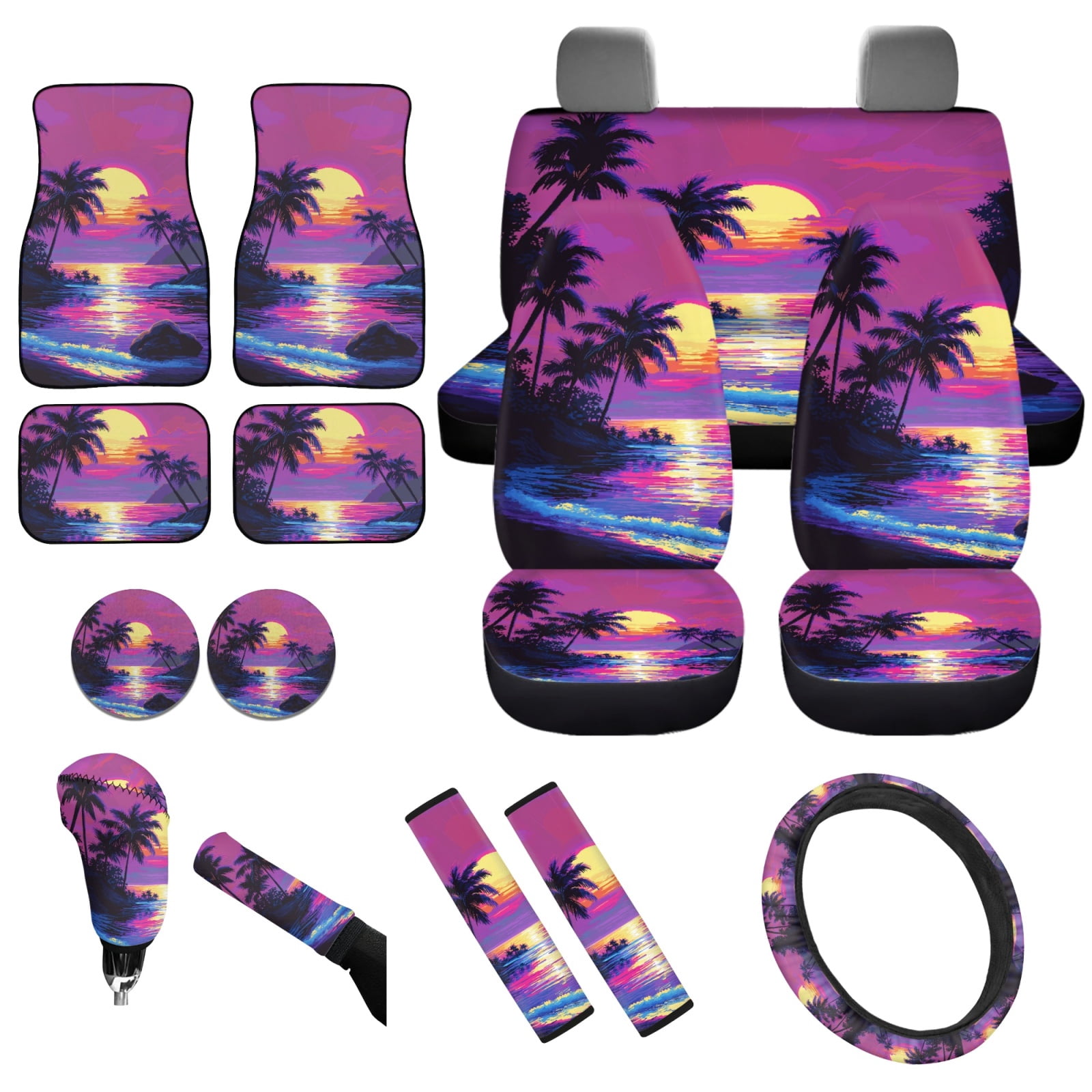 Yuyamidu Purple Sunset Car Seat Covers Full Set of 15 Seaside Steering Wheel Cover Seat Belt Cover Car Floor Mats Gear Shift Cover Cup Coasters, Easy to Install