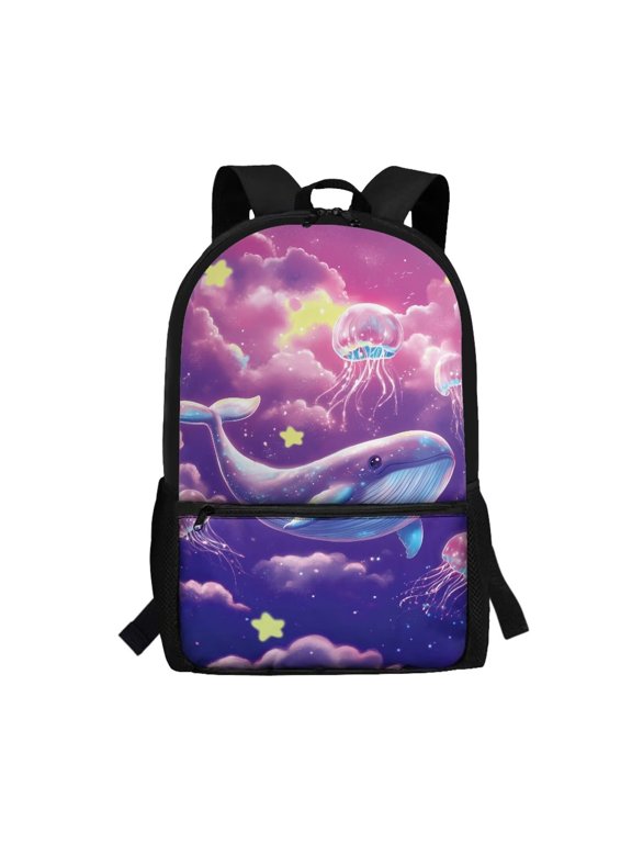 Purple Whale Backpacks for School Jellyfish Book Bag Kids School Backpack for Girls 3rd Grede 17 Inch Back Pack Cute Bookbag with Compartment