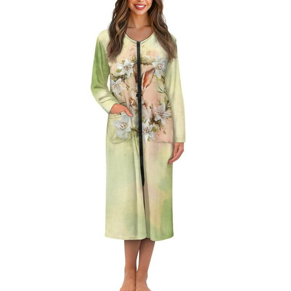 Yuyamidu Rabbit Long Bathrobe for Women Lily Robe Sleepwear Green Crewneck Spa Robes Size XL Easter Mid-Length Kimono Robes Casual Long Sleeves Loungewear Dress