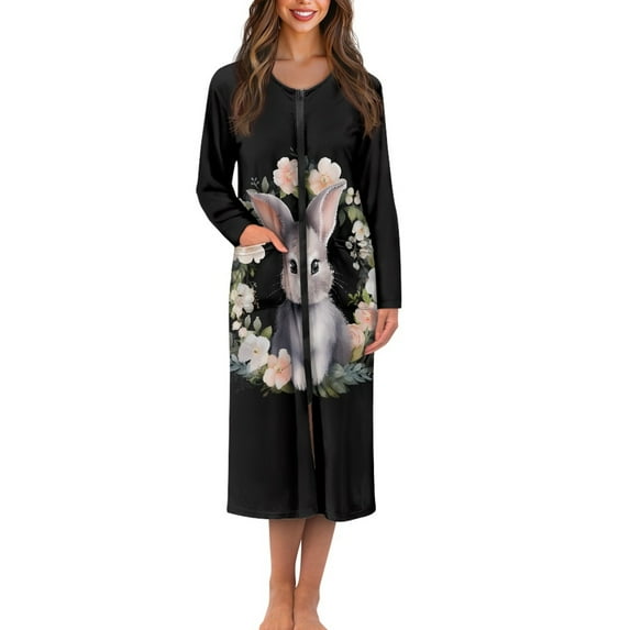Yuyamidu Rabbit Long Zip Up Bathrobes for Women Long Sleeve Robes Size 4XL Flower Robe Housecoats Lightweight Crewneck Sleep Dress Easter Zipper Front Loungewear