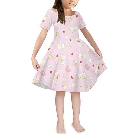 Yuyamidu Rabbit Short Sleeve Dress Girls 13-14T Special Occasion Dresses Cute Crewneck Knee Length Dress Kids Beach Dress Ice Cream One-Shoulder Princess Dress, Pink