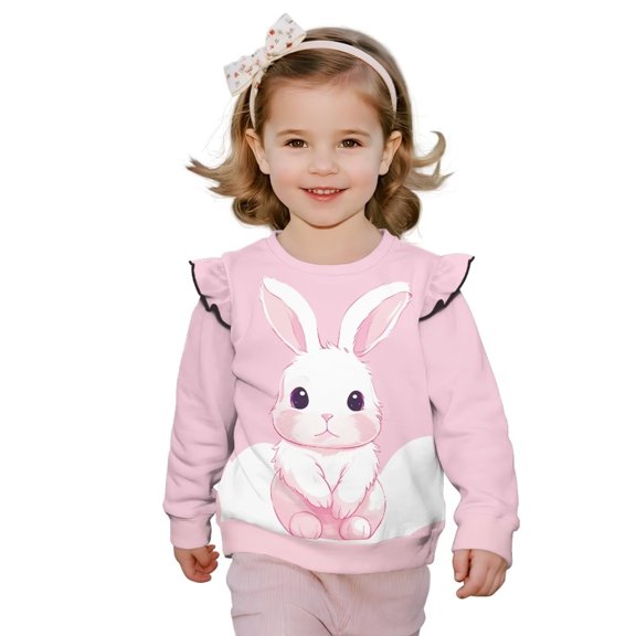 Yuyamidu Rabbit Sweatshirt for Girls Size 5-6 Pink Crewneck Sweatshirts Lightweight Soft Ruffle Long Sleeve Top Fall Casual Cute Graphic Clothes Workout School