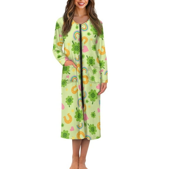 Yuyamidu Rainbow Bathrobe Women Kimono Robes Green Leaf Long Spa Bath Robe Soft Crewneck Dressing Gown Ladies Sleepwear Pajamas Size L St. Patrick's Day Mid-Calf Length Nightgowns