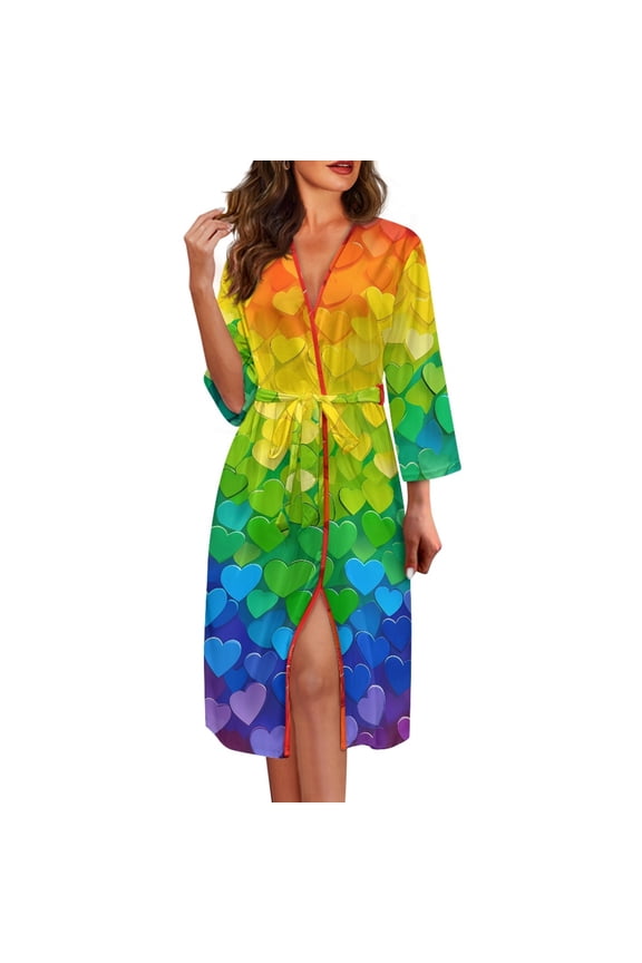 Rainbow Heart Robes for Women Lightweight Long Sleeve Bathrobe Knee-Length Spa Robe Sexy Long Womens House Robes Size L Soft V Neck Nightgowns with Waist Belt