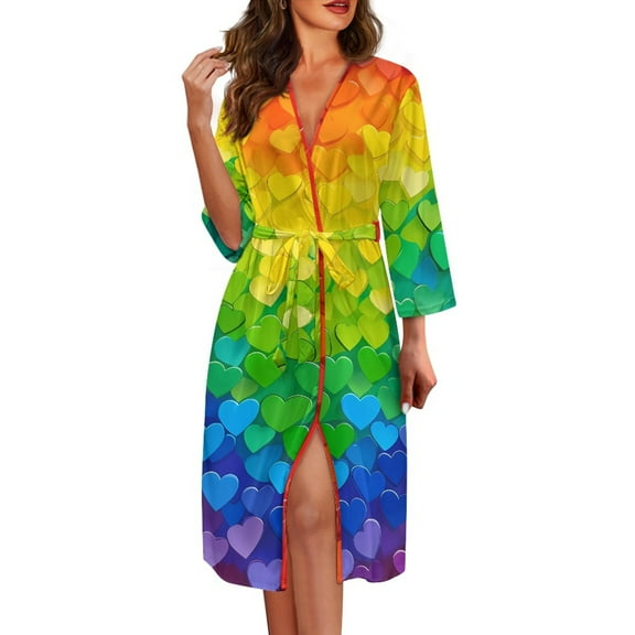 Yuyamidu Rainbow Heart Robes for Women Lightweight Long Sleeve Bathrobe Knee-Length Spa Robe Sexy Long Womens House Robes Size XL Soft V Neck Nightgowns with Waist Belt