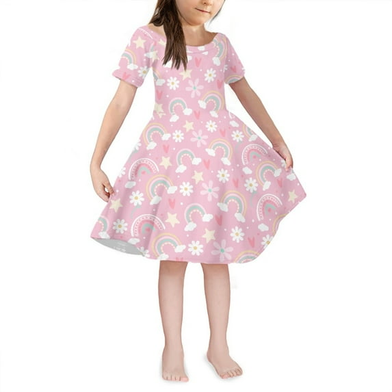 Yuyamidu Rainbow A Line Girls Dresses Spring Summer Going Out Playwear for Kids 9-10 Years Old Floral Short Sleeve Princess Dress Birthday Gifts Pink Skater Dress