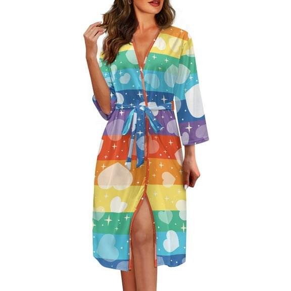 Yuyamidu Rainbow Stripes Robe for Women After Shower Heart Womens Bath Robes Female Spa Bathrobe V-Neck Nightgowns Dress for Sleep Party Valentine's Day Casual Longwear Size M
