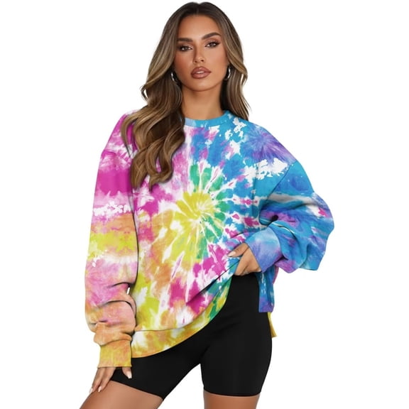 Yuyamidu Rainbow Tie-dye Womens Ladies Oversized Long Sleeve Sweatshirts Spring Fall Winter Women's Fashion Hoodie Sweatshirts Round Neck Casual Pullover with Pockets Tops Comfy Lightweight Shirt