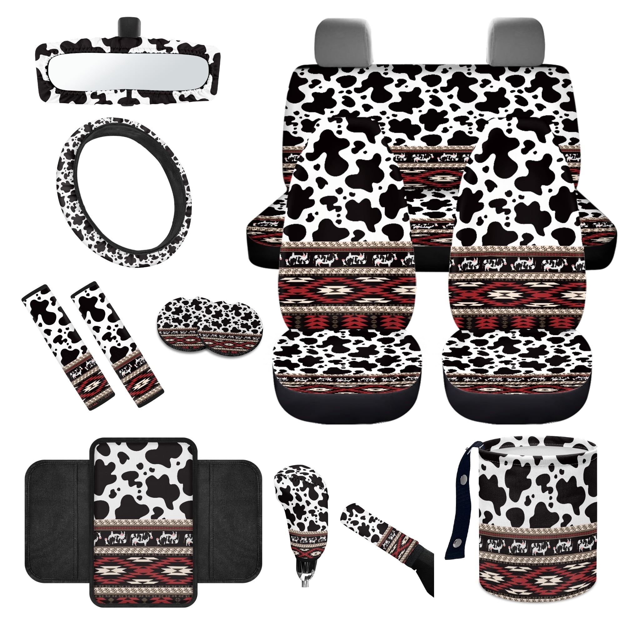 Yuyamidu Red Aztec Car Seat Covers Full Set with Steering Wheel Cover Safe Belt Pads Handbrake Cover Cup Mat Garbage Bin Rearview Mirror Cover Center Console Cover 14 PCS Cow Print Auto Accessories