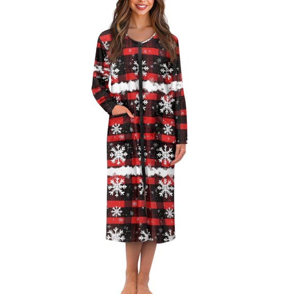 Yuyamidu Red Black Buffalo Grid Long Sleeve Robes for Women Christmas Bathrobe Sleepwear Snowflake Mid-Length Night Robe Size M Comfy Zipper Front Housecoat