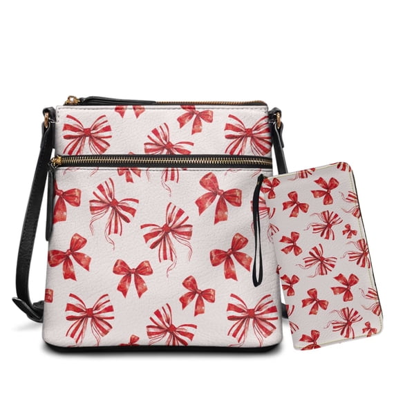 Yuyamidu Red Bow Crossbody Bag Wallet Set for Women PU Leather Large Hobo Bag Purse, Adjustable Strap, Ideal for Holiday Gatherings, Casual Daily, Gift for Her
