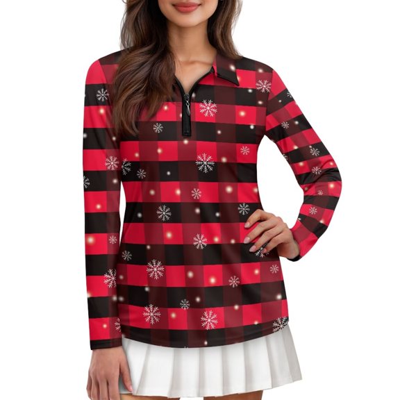 Yuyamidu Red Buffalo Grid Golf Shirt for Women Golf Lovers Snowflake Long Sleeve Golf Tops Athletic Golf Wear Christmas Zip Up Tennis Shirts Size M