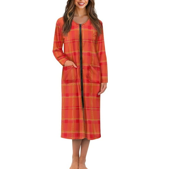 Yuyamidu Red Buffalo Grid Long Bath Robe for Adult Women Loose Zipper Up Robes Nightgowns Size 4XL Christmas Bathrobes Soft Housecoat Ladies Pajamas Sleepwear