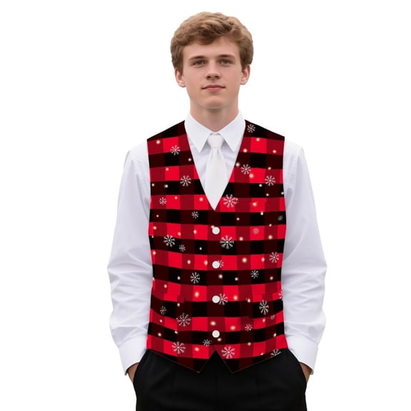 Yuyamidu Red Buffalo Grid Men's Suit Vest Size 4XL Snowflake V Neck Business Dress Vests Christmas Formal Wedding Waistcoat Slim Fit