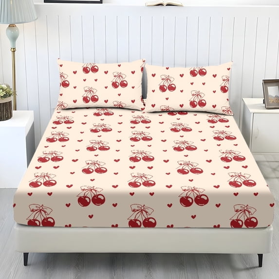 Reg Pock Yuyamidu Red Cherry Fitted Sheet Set, 3 Piece Bedding Set with Deep ...