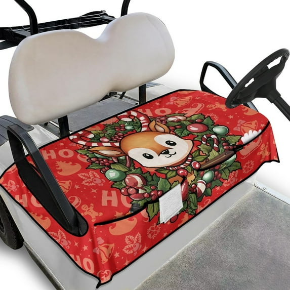 Yuyamidu Red Christmas Golf Cart Seat Covers with Pockets, Cute Reindeer Golf Seat Seat Towel Blanket for 2 Passenger, Universal Breathable Accessories for Club Car