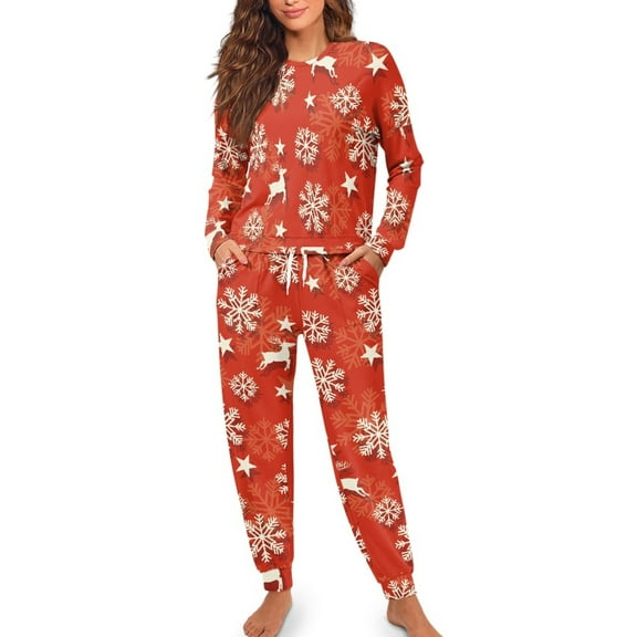 Yuyamidu Red Christmas Pajamas for Women Size XL 2 PCS Reindeer Round Neck Sleepwear Pants & Tops for Spring Fall Winter Snowflake Long Sleeve Nightwear Set with Pockets