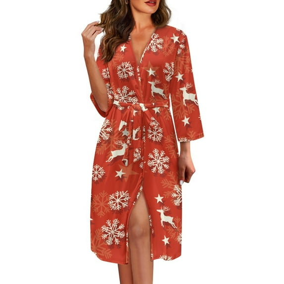 Yuyamidu Red Christmas Robes for Women Bathrobe Long Sleeves Kimono Spa Robe Size XL Snowflake House Coat Reindeer Mid-Calf Length Nightgown with Waist Belt