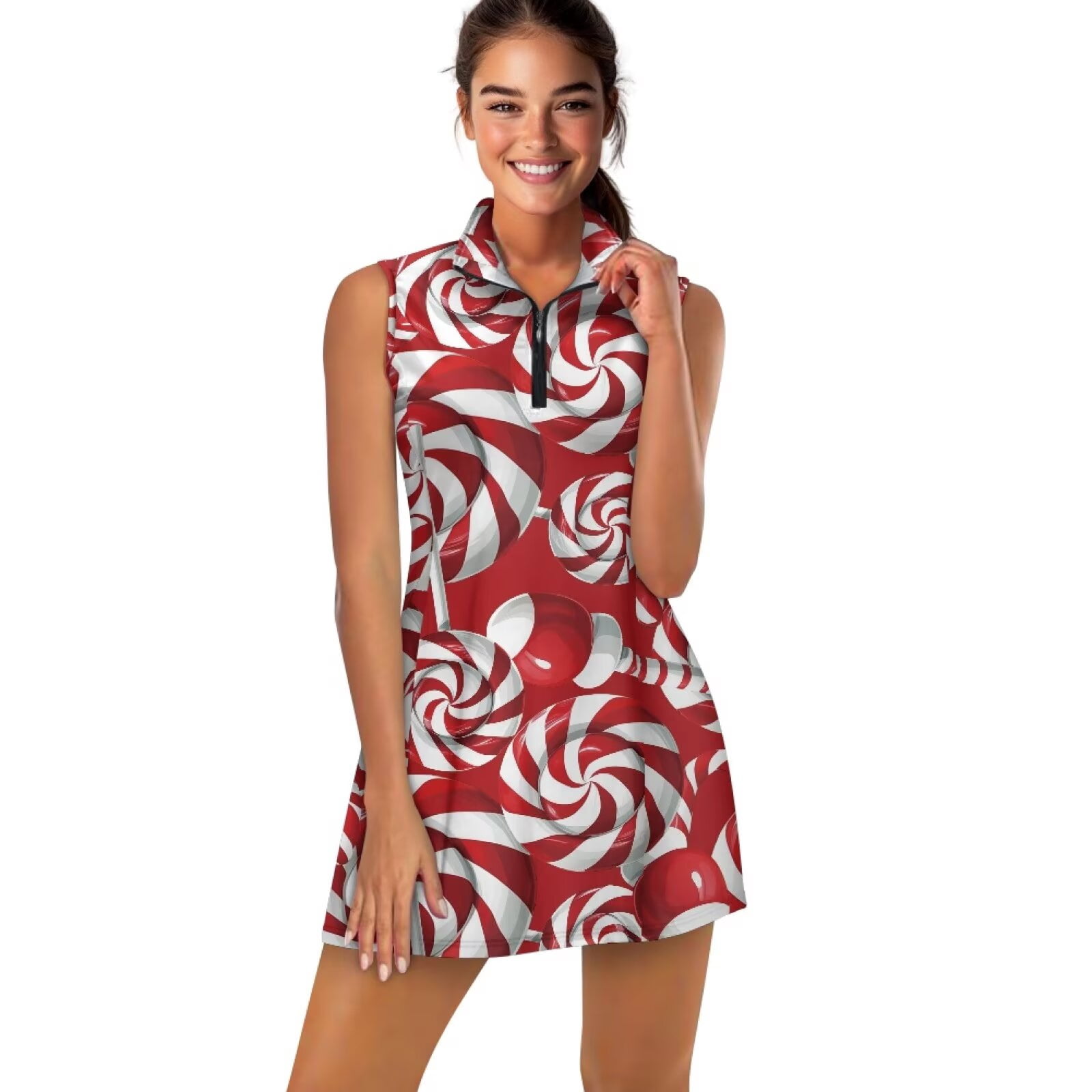 Yuyamidu Red Christmas Womens Tennis Dress, 2 PCS Candy Canes Golf Workout Dress with Shorts, Casual Athletic Dresses Size XL