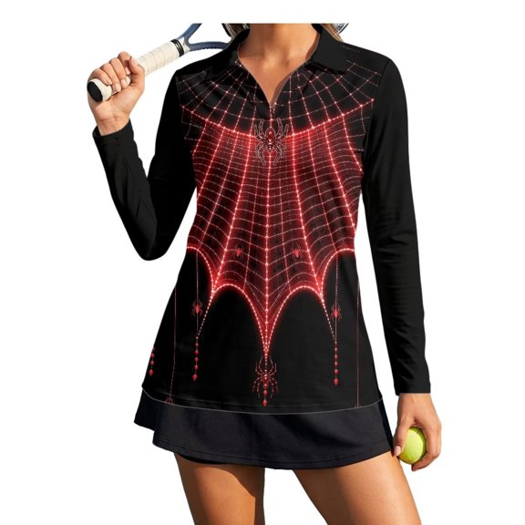 Yuyamidu Red Cobweb Long Sleeve Golf Shirts for Woman Sweat-Absorbing Halloween Athletic Tennis Shirts Golf Clothes Workout Tops Moisture-Wicking Breathable Casual Outdoor Sports Wear