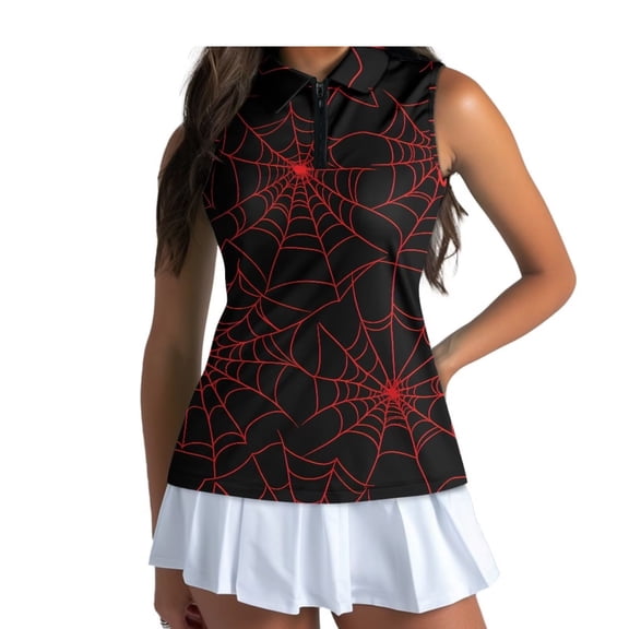 Yuyamidu Red Cobweb Women's Sleeveless Golf Shirts with Zip-up Stretchy Breathable Fabric, Slim Flattering Fit, Moisture Wicking, Suitable for Golf, Halloween Themed Sportswear for Ladies
