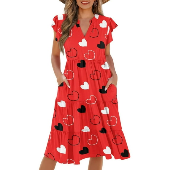 Yuyamidu Red Dresses for Women Valentines Day Heart Dress Sleeveless V Neck Ruffle A-Line Flowy Wedding Guest Long Dresses with Pockets, Size XL