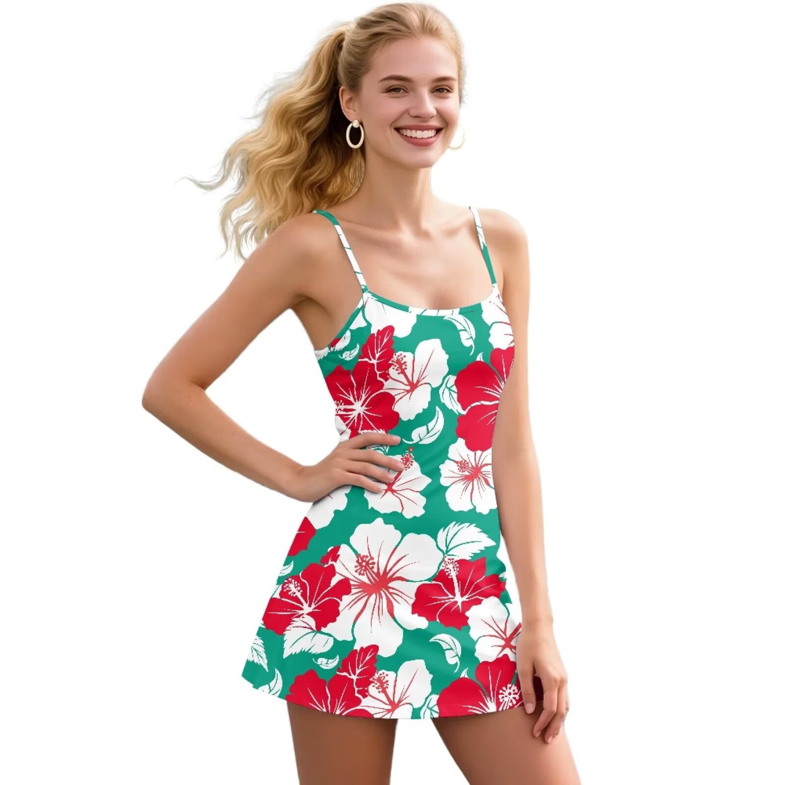 Yuyamidu Red Green Hibiscus Women's Tennis Dress with Built in Shorts ...