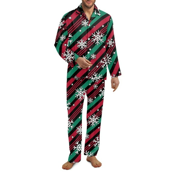 Yuyamidu Red Green Stripes Button Pajama for Men 2 Pieces Snowflake Pajamas Tee and Pant 2 Piece Pj Set Christmas V Neck Loungewear Size 2XL Casual Long Sleeve Sleepwear with Pockets