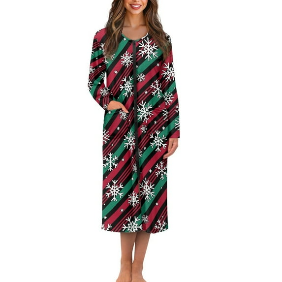 Yuyamidu Red Green Stripes Zipper Front Robes Women House Coat Snowflake Long Sleeve Bathrobe Christmas Mid-Calf Length Crewneck Robe Fashion Long Sleeve Nightgown Pjs Size L