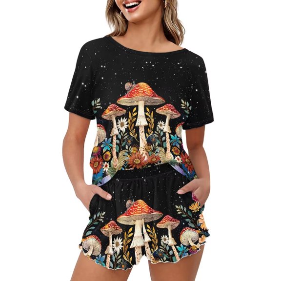 Yuyamidu Red Mushrooom Women's Pajamas 2 Piece Pajama Sets with Pockets Comfy Cozy Lounge Sleepwear Ladies Pjs Sets Shorts Set